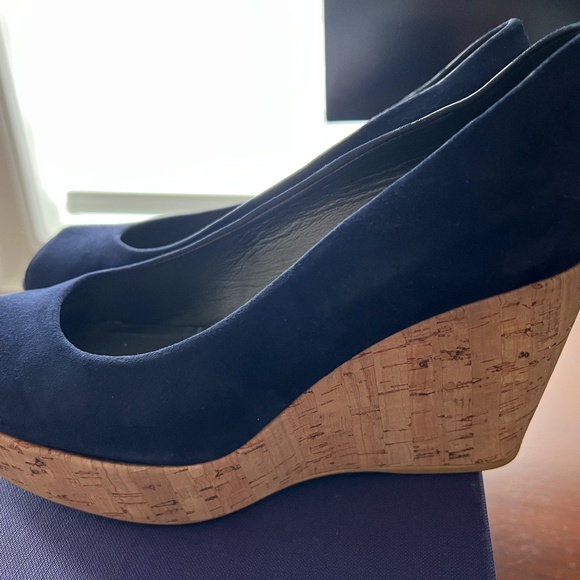 Stuart Weitzman Shoes - Stuart Weitzman Tan Blue Anna Cork Wedge Platform Peep Toe Pumps